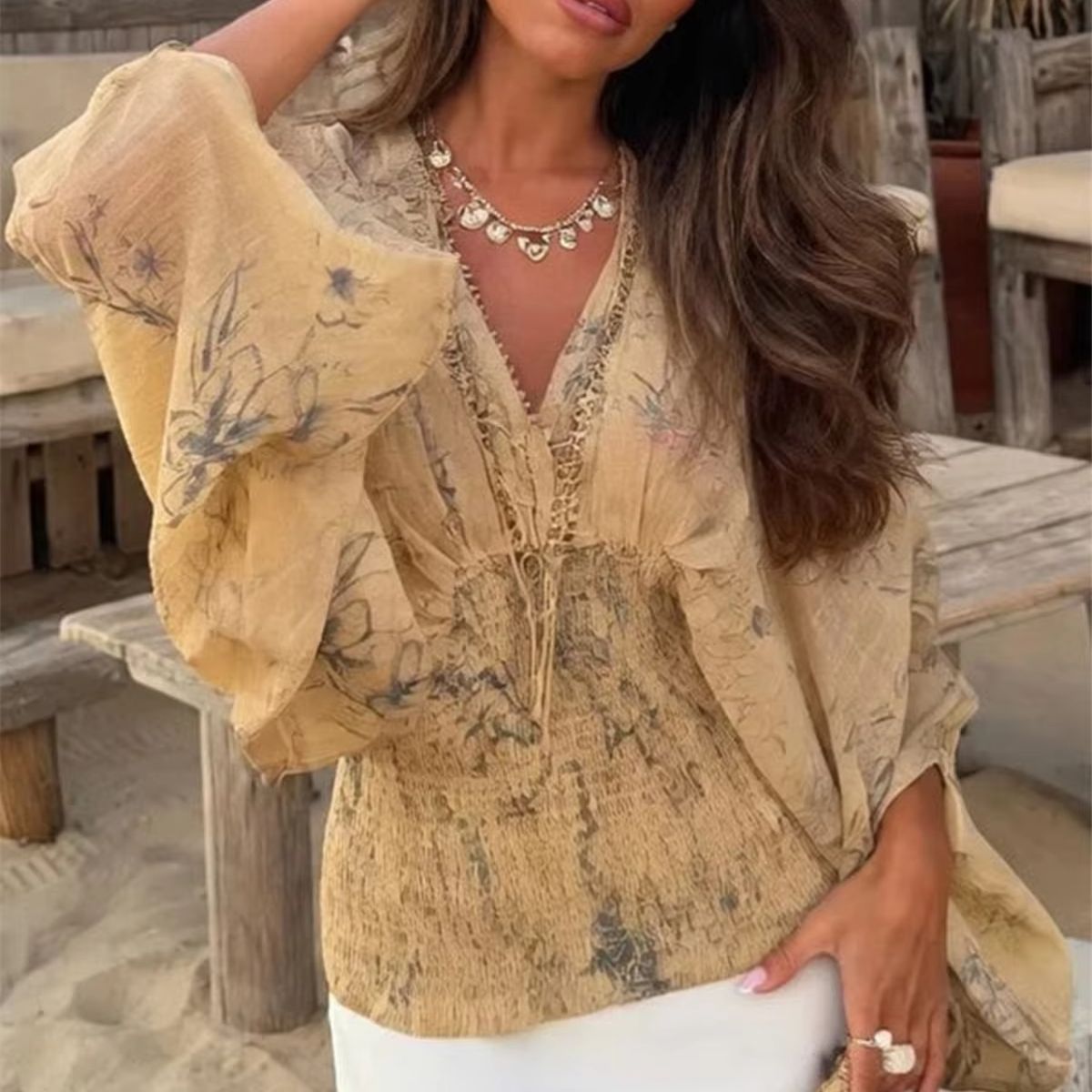 Summer Clothing Resort - Camicia Vintage Stampata con Scollo a